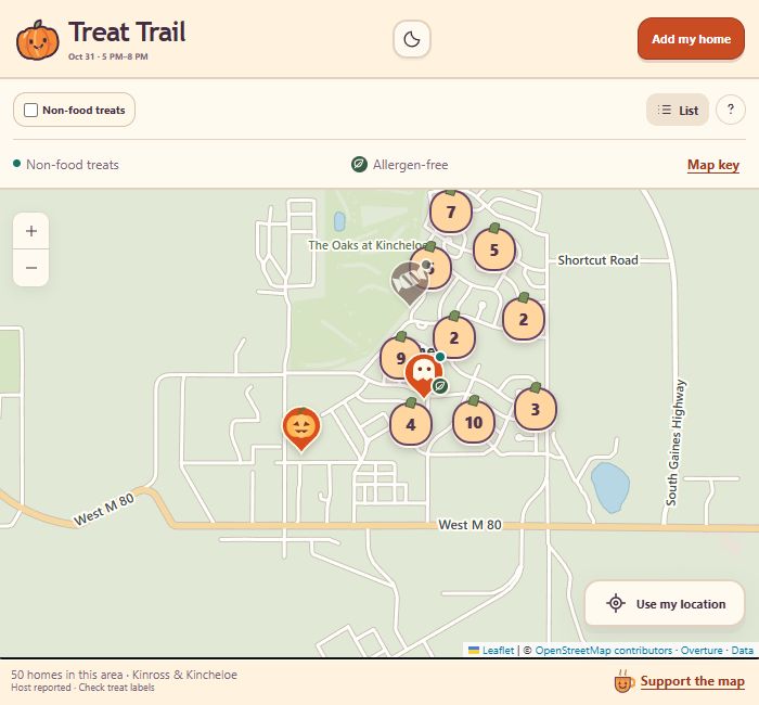 Treat Trail neighborhood map with illustrative demo pins and no address details open.